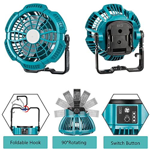 for Makita Fan Hiesuan Portable Camping Fan with Lantern, Remote, 3 Speed Brightness, 4H Timer, Foldable Hook Rechargeable Cordless Jobsite Small Personal Fan for Makita 14.4V-18V Li-Ion Battery