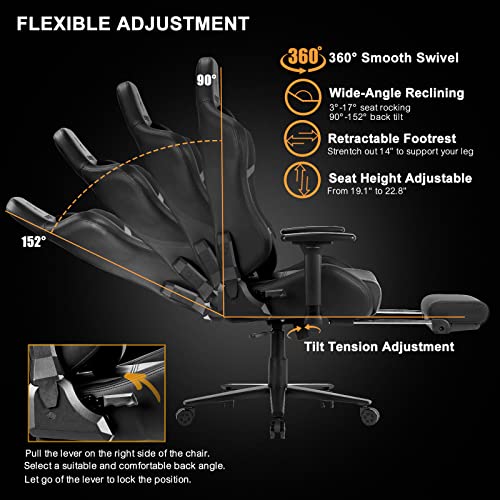 AOTU Gaming Chair Office Chair PC Chair with Footrest, Ergonomic High Backrest and Seat Height Adjustable Swivel Recliner, Video Gaming Chair with Headrest Pillow and Lumbar Support