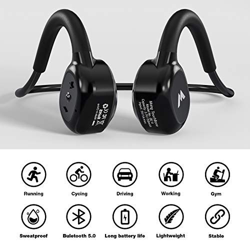 Wireless Bone Conduction Headphones Bluetooth 5.0 Open Ear Sports Headset with Mic Sweatproof for Running, Bicycling, Hiking (Black)