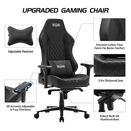 SMAX Gaming Chair with Full Mold Foam De Luxe Version Gamer Chair 4D Adjustable Armrests Premium Carbon Fiber Fabric and PU Leather Headrest Lumbar Support Video Game Chairs for Adults Black