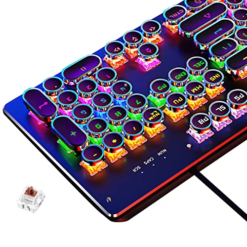 Basaltech Mechanical Light Up Keyboard With LED Backlit, Typewriter Style Gaming Keyboard With 104-Key Brown Switch Round Keycaps, Retro Steampunk Keyboard Metal Panel With Wired USB For PC/Mac/Laptop