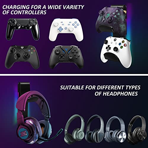 RGB Game Controller Charger & Headset Wall Mount Holder with 10 Lighting Modes & 2 USB Charger Ports, Gamepad & Headphone Hanger for Xbox, Xbox 360, PS3, PS4, PS5, Switch, Great for Gaming Stations, Fancy Desk Gamer Accessories