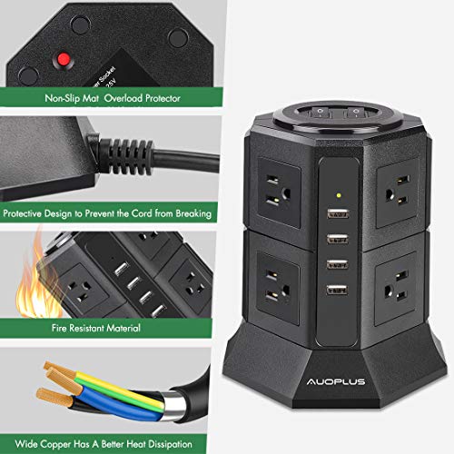 Power Strip Tower Surge Protector with USB, AUOPLUS Desktop Charging Station, 6.6 Ft Extension Cord, 8 Outlets with 4 USB Ports[1050J/1250W/10A], Overload Protection for Home Office Dorm