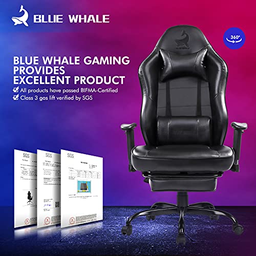 Blue Whale Massage Gaming Chair with Footrest, Racing PC Computer Office Chair Swivel Ergonomic Executive Leather Desk Chair and Adjustable Armrests