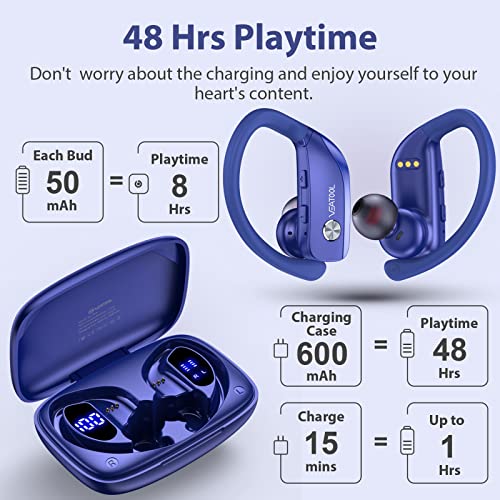 Wireless Earbuds Bluetooth Headphones 48hrs Play Back Sport Earphones with LED Display Over-Ear Buds with Earhooks Built-in Mic Headset for Workout Blue BMANI-VEAT00L