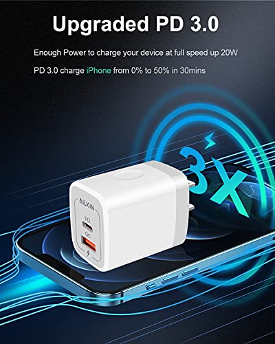 3Pack Dual Port USB-C Wall Plug-in USB Charger, AILKIN 20W Power Delivery + QC3.0 USB A Double Port Fast Charging Block for iPhone 14 13 12 Pro Max 14 Pro 12 Mini 14 11 Pro Max 14 Plus 11 SE X XS Cube