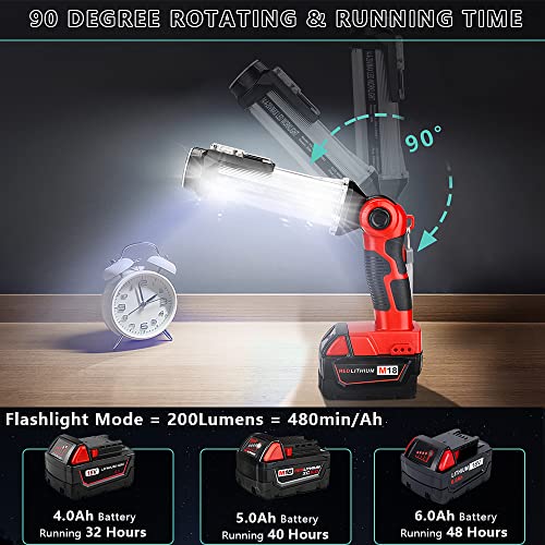 Cordless LED Work Light for Milwaukee 18v M18 Li-ion Battery, Hiesuan 35W 2000LM Outdoor Flashlight Portable Camping Lanterns with Hook, 90°Rotatable for Car Repairing, Job Site Lighting, Emergency