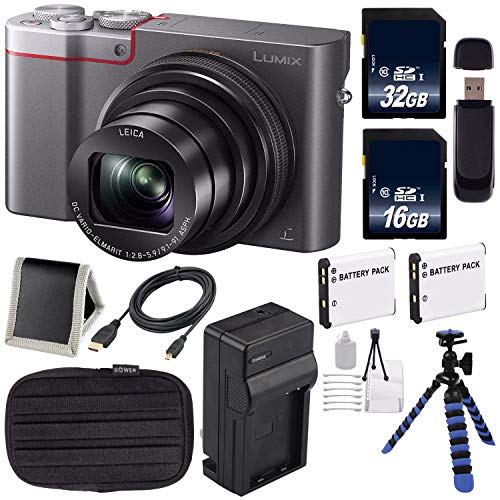 Panasonic LUMIX 4K DMC-ZS100 Digital Compact Camera (Silver) + 16GB Memory Card + 32GB Memory Card + Extra Battery + Charger + Card Wallet + Tripod Bundle