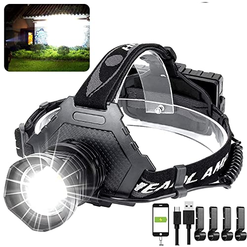 LED Rechargeable Headlamp 60000 High Lumen, XPH70 Brightest LED Work Headlight Zoomable, Waterproof, 90° Adjustable, 5 Modes Lightweight Head Lamp for Adult Camping, Hard Hat, Hunting