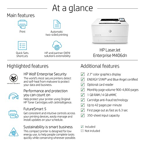 HP LaserJet Enterprise M406dn Monochrome Printer with built-in Ethernet & 2-sided printing (3PZ15A)