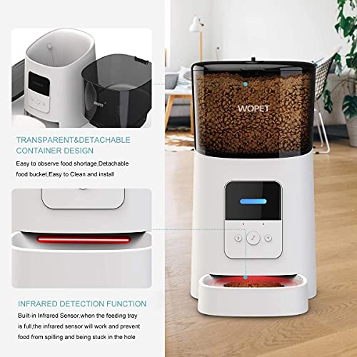 WOPET 6L Automatic Cat Feeder,Wi-Fi Enabled Smart Pet Feeder for Cats and Dogs,Auto Dog Food Dispenser with Portion Control, Distribution Alarms and Voice Recorder Up to 15 Meals per Day (White)