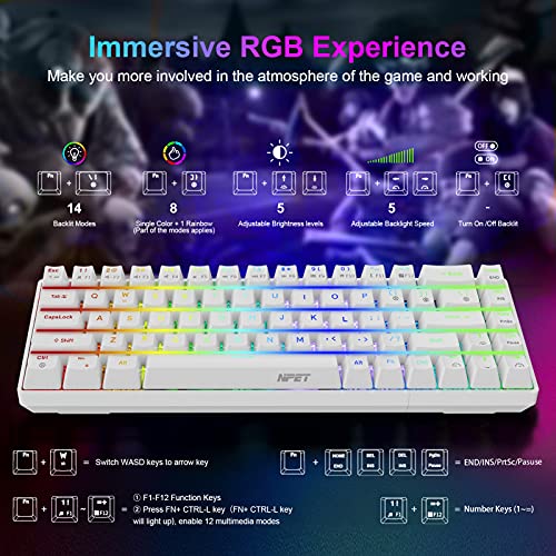 NPET K61 60% Mechanical Gaming Keyboard, RGB Backlit Ultra-Compact Gaming Keyboard, Mini Wired Computer Keyboard with Brown Switches for Windows PC Gamers (68 Keys, White)