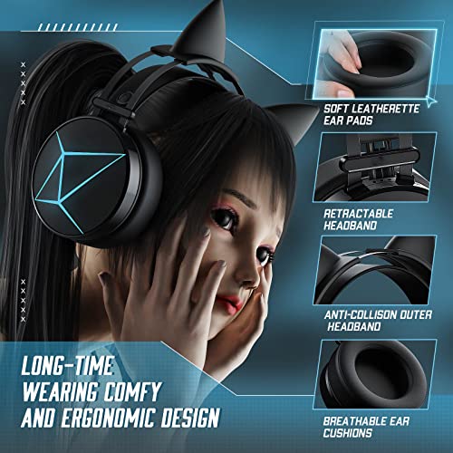 Gaming Headset for PC, Xbox One Headset with Detachable Cat Ear Headphones, PS5 Headset with Noise Canceling Microphone, PS4 Headset with 7.1 Surround Sound, LED Lights Black