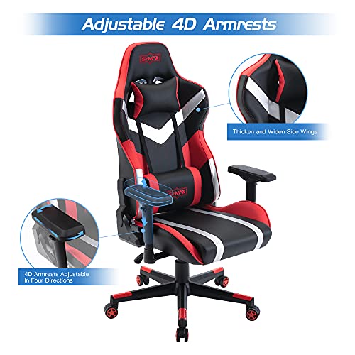 S*MAX Gaming Chair with Wide Seat Ergonomic Computer Gamer Chair with 4D Armrest Creamy PU Leather Headrest and Lumbar Support Racing Style High Back Video Game Chairs for Adults Black and Red