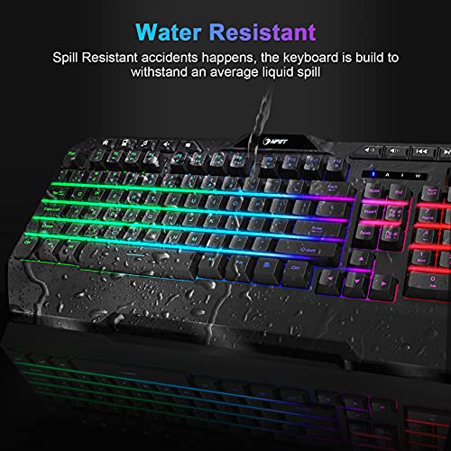 NPET K31 Gaming Keyboard, Wired LED Backlit Computer Keyboard with 10 Dedicated Multimedia Keys, USB Ergonomic Wrist Rest Mechanical Feeling Keyboard for Windows/Desktop/Computer/PC