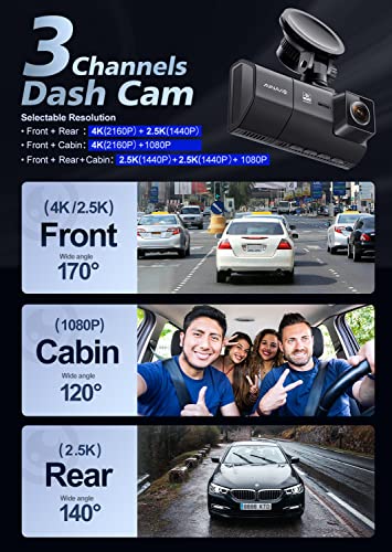 3 Channel 4K Dash Cam for Cars, 4K+2.5K Front and Rear Cabin, 1440P+1440P+1080P Triple Car Camera,Included 64GB Card, with GPS and WiFi Wireless , IPS Screen,24 Hour Parking Mode, APP,Night Vision,WDR