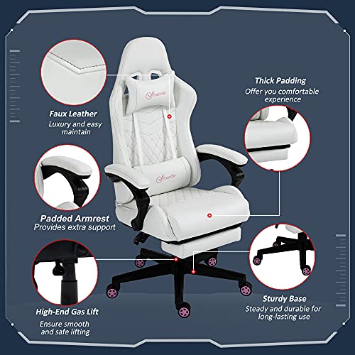 Vinsetto High Back PU Leather Gaming Chair, Racing Computer Chair with Swivel Wheels, Retractable Footrest, Headrest, Lumbar Support, and Armrest, White