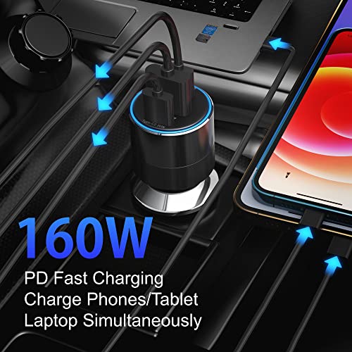 160W USB C Car Charger Emark Lightning Cable, DPH Type C Car Charger QC3.0 PD3.0, Metal 3 Port Super Fast Charging Car Adapter for iPhone 13/12/11 Pro Max, Samsung S22 S21 iPad MacBook Pro Air Laptop