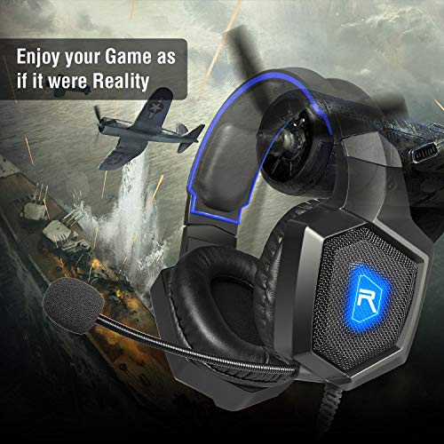 Gaming Headset with Microphone, Gaming Headphones for PS4 PS5 Xbox One PC, Playstation Headset with Noise Reduction Mic, LED Light 7.1 Surround Sound Over-Ear and Wired 3.5mm Jack (Blue)