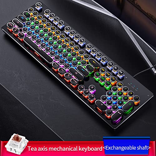 Basaltech Mechanical Light Up Keyboard With LED Backlit, Typewriter Style Gaming Keyboard With 104-Key Brown Switch Round Keycaps, Retro Steampunk Keyboard Metal Panel With Wired USB For PC/Mac/Laptop