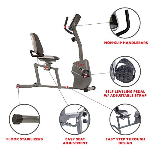 Sunny Health & Fitness Magnetic Recumbent Exercise Bike with Easy Adjustable Seat, Device Holder, RPM and Pulse Rate Monitoring | SF-RB4806