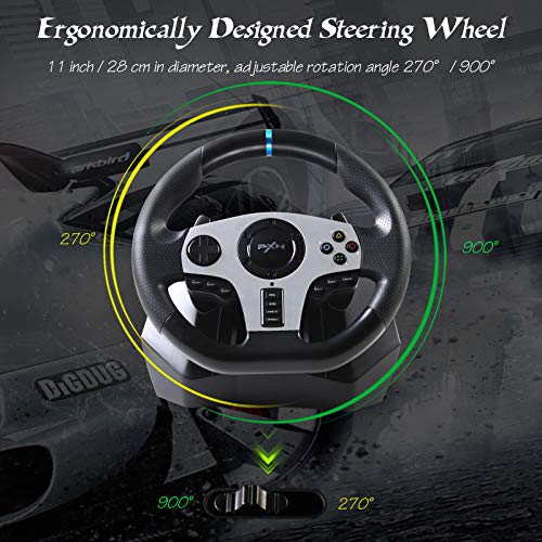 Game Racing Wheel, PXN V9 270°/900° Adjustable Racing Steering Wheel, with Clutch and Shifter, Support Vibration and Headset Function, Suitable for PC, PS3, PS4, Xbox One, Nintendo Switch.