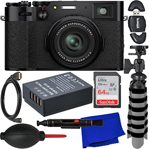 FUJIFILM X100V Digital Camera (Black) + SanDisk 64GB Ultra SDXC Memory Card, Spare Battery, Mini “Gripster” Tripod, 6 Ft. Micro to Standard HDMI Cable, Manufacturer’s Accessories & More (17pc Bundle)