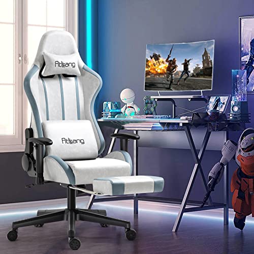 Atbang Gaming Chair Ergonomic Massage PC Office Chair with footrest Racing Computer Chair Reclining Game Chair for Adults Adjustable 2D Armrests 330lbs Heavy Duty, Leath-Aire Fabric,Grey&Blue