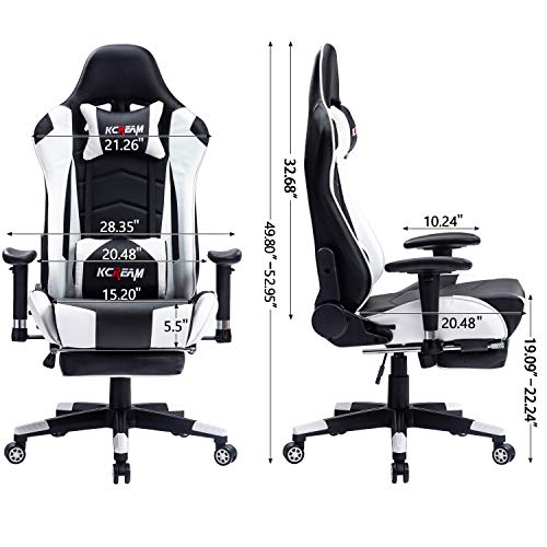 KCREAM Gaming Chair with Footrest Adults Gamer Chair High Back PU Leather Gaming Computer Chair Large Racing Game Chair, with Adjustable Armrests and Massage Lumbar Support (White)