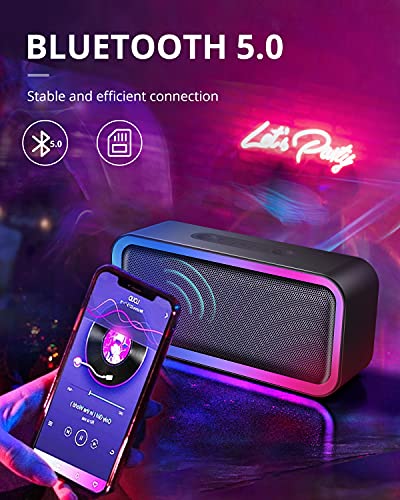 Bluetooth Speaker, Kunodi Bluetooth 5.0 Wireless Portable Speaker with 10W Stereo Sound, Party Speakers with Ambient RGB Light,18-Hour Playtime,IPX5 Waterproof Speakers for Outdoors, Travel（Black