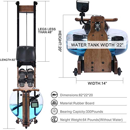 TRUNK Foldable Water Rowing Machine for Home Fitness, Classic Wood Water Rower with LCD Monitor Whole Body Exercise Cardio Training (Included an Dust Cover and Phone Holder)