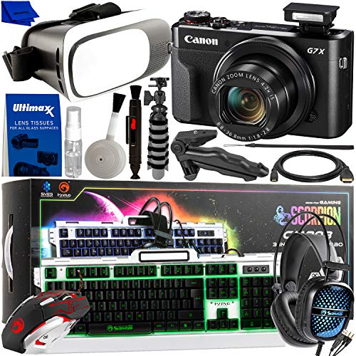 Professional PC & VR Gaming & Vlogging Bundle - Includes: Canon PowerShot G7 X Mark II Digital Camera + Marvo Scorpion CM-303 3-in-1 Backlit Gaming Combo (Keyboard, Mouse, Headset) + VR Glasses + MORE