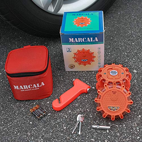 MARCALA LED Road Flares Emergency Lights | 3-Pack Roadside Safety Disc Kit w/ a Whistle | DOT Compliant Emergency Flares for Car w/ Batteries installed & 4 Items | Feel safer on the road!