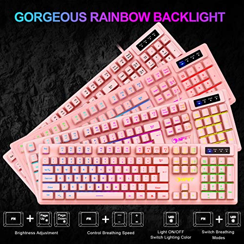 NPET K10 Gaming Keyboard, LED Backlit, Spill-Resistant Design, Multimedia Keys, Quiet Silent USB Membrane Keyboard for Desktop, Computer, PC (Pink)