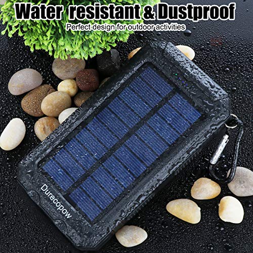 Solar Charger, Durecopow 20000mAh Portable Outdoor Waterproof Solar Power Bank, Camping External Backup Battery Pack Dual 5V USB Ports Output, 2 Led Light Flashlight with Compass (Black)