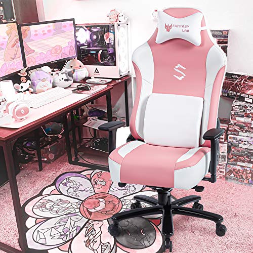 FANTASYLAB Big and Tall 400lb Massage Memory Foam Gaming Chair Adjustable Tilt, Back Angle and 3D Arms High-Back Leather Racing Executive Computer Desk Office Chair, Metal Base (Pink)