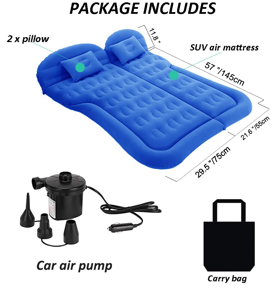 SUV Air Mattress Car Camping Travel Bed- Inflatable Thickened Car Air Bed with Electric Air Pump Portable Sleeping Pad Mattress for Travel Camping Upgraded Version (Blue)