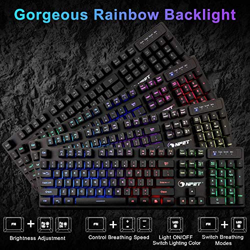 NPET K10 Gaming Keyboard USB Wired Floating Keyboard, Quiet Ergonomic Water-Resistant Mechanical Feeling Keyboard, Ultra-Slim Rainbow LED Backlit Keyboard for Desktop, Computer, PC (Renewed)