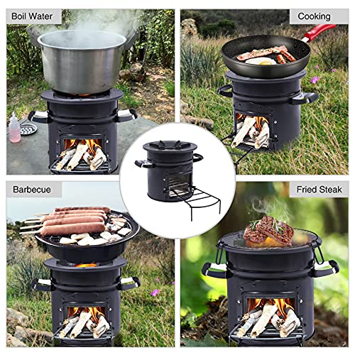 Lineslife Rocket Stove Wood Burning Portable for Backpacking, Charcoal Camping Stove with Handle and Carry Bag for Ourdoor, Cooking, BBQ, RV, Survival, Black One Door with 10.2" Stove Top