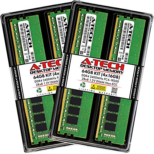 A-Tech 64GB (4x16GB) DDR4 2400 MHz UDIMM PC4-19200 (PC4-2400T) CL17 DIMM 2Rx8 Non-ECC Desktop RAM Memory Modules