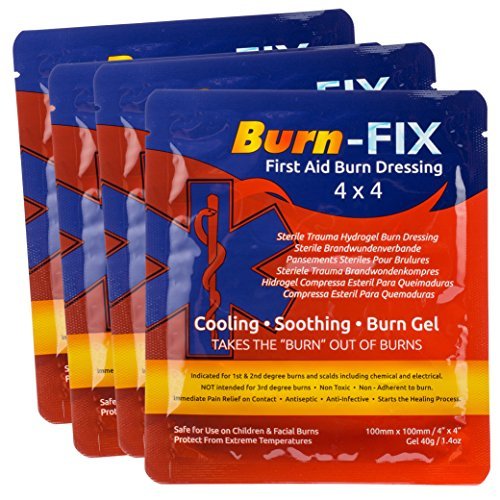 Burn-FIX 4" X 4" First Aid Burn Gel Dressing – Immediate Pain & Relief Burn Cream - Hydrogel For 1st, 2nd Degree Burns - Chemical, Razor & Sunburns - Burn Care Treatment for Home, Work & Fire | 4 Pack