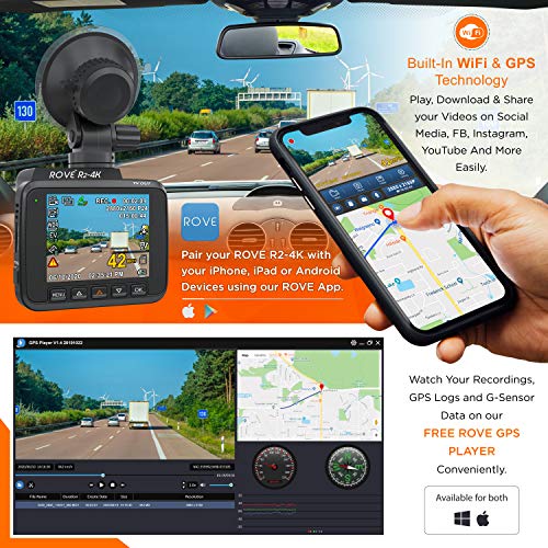 Rove R2- 4K Dash Cam Built in WiFi GPS Car Dashboard Camera Recorder with UHD 2160P, 2.4" LCD, 150° Wide Angle, WDR, Night Vision