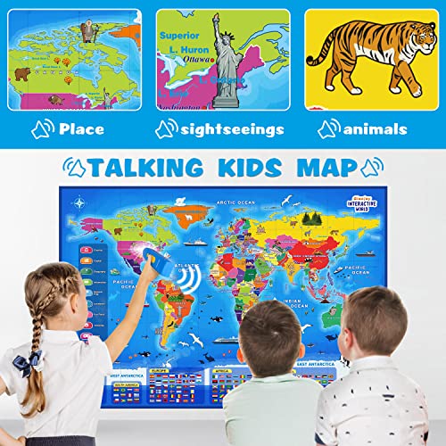 Bilingual Interactive World Map for Kids Learning and Educational Toys , Talking Kids Map Toy Electronic Map Poster for Kids of Ages 4 to 12 Years Old, Custom Talking Birthday & Christmas Gifts Card