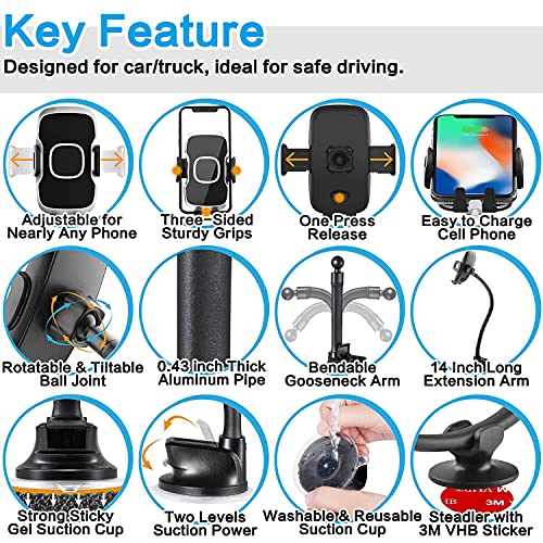Solid Car Truck Phone Mount Holder with 14-Inch Gooseneck Long Arm, 1Zero Windshield Window Mobile Holders w/ Industrial-Strength Suction Cup, Anti-Shake Stabilizer Compatible All Cell Phones iPhone