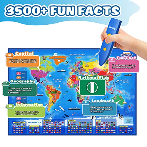 Bilingual Interactive World Map for Kids Learning and Educational Toys , Talking Kids Map Toy Electronic Map Poster for Kids of Ages 4 to 12 Years Old, Custom Talking Birthday & Christmas Gifts Card