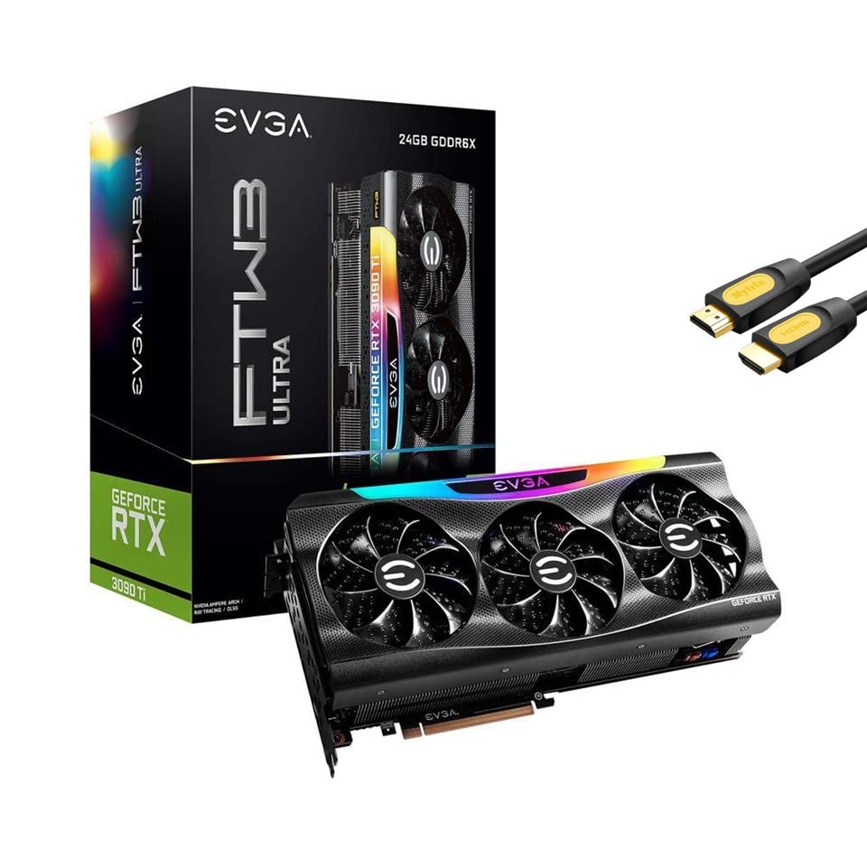 EVGA GeForce RTX 3090 Ti FTW3 Ultra Gaming Graphics Card 24GB GDDR6X, iCX3, ARGB LED, Backplate, Includes eLeash, 3X DisplayPort 1.4a 1x HDMI 2.1 w/ MT HDMI Cable