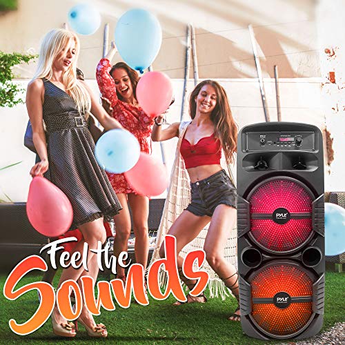 Pyle Portable Bluetooth PA Speaker System - 600W Rechargeable Outdoor Bluetooth Speaker Portable PA System w/ Dual 8” Subwoofer 1” Tweeter, Microphone In, Party Lights, USB, Radio, Remote - PPHP2835B