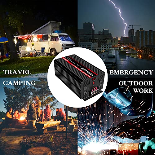 JIGUUN 3000 Watt Pure Sine Wave Inverter, Power Converter 12V DC to 110v/120v AC, Car Inverter with 4 AC Outlets&USB Port 170ft Wireless Remote Control for RV Camping Truck(3000W-12V)