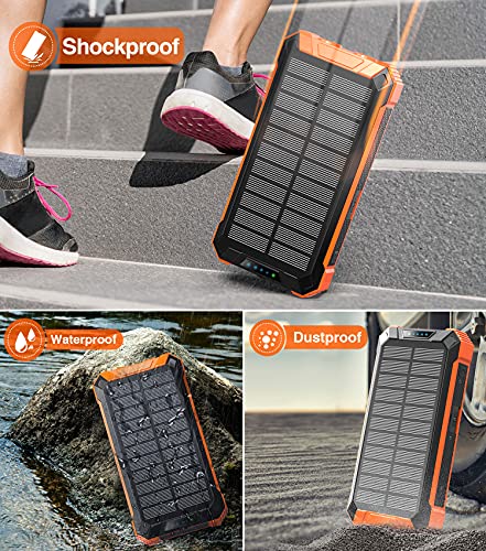 Solar Power Bank 36000mAh Built-in 4 Cables Qi Wireless Charger with Dual LED Flashlight Solar Portable External Battery IPX4 Waterproof 15W 5V/3A USB C Port Six Outputs Three Inputs(Orange)