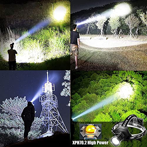 LED Rechargeable Headlamp 60000 High Lumen, XPH70 Brightest LED Work Headlight Zoomable, Waterproof, 90° Adjustable, 5 Modes Lightweight Head Lamp for Adult Camping, Hard Hat, Hunting